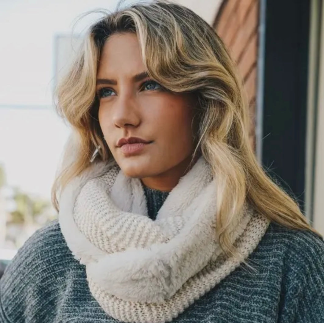 Sherpa Lined Knit Infinity Scarf -Cream